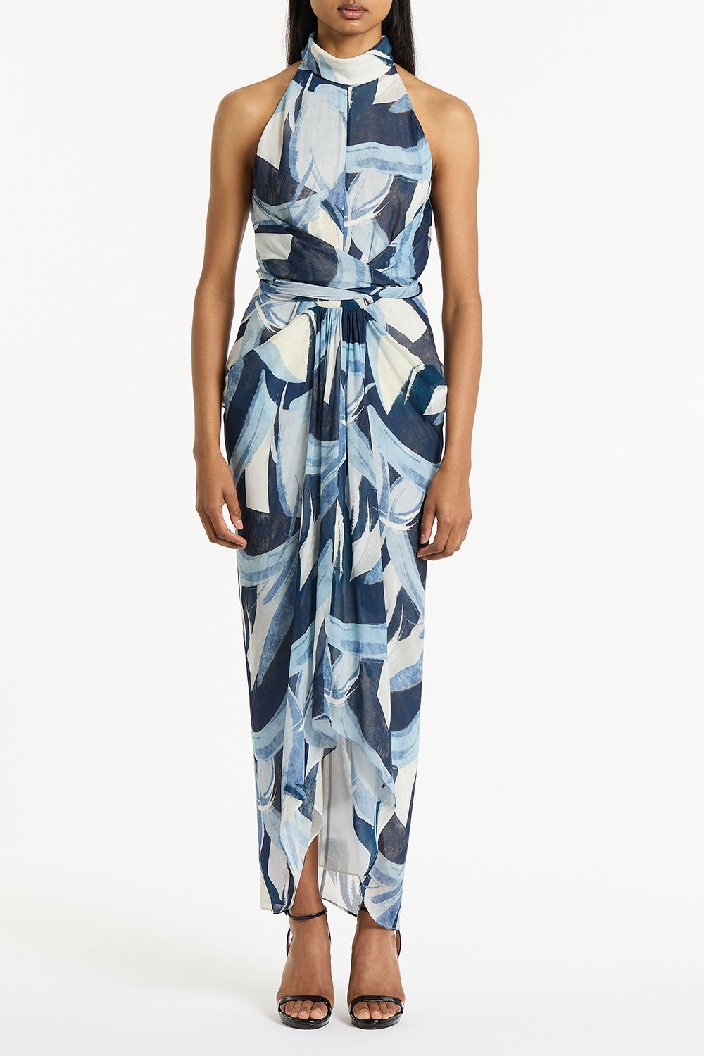 Image of Dresses. Product name - Painted Floral Georgette Wrap Dress in Blue colour by brand - Carla Zampatti