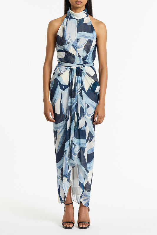 Image of Dresses. Product name - Painted Floral Georgette Wrap Dress in Blue colour by brand - Carla Zampatti