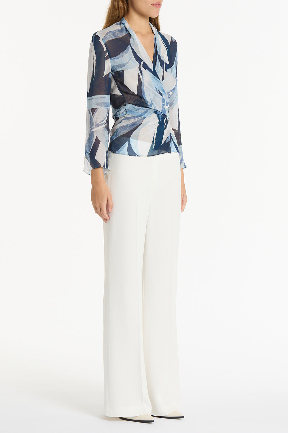Carla Zampatti Painted Floral Georgette Wrap Top (Blue)