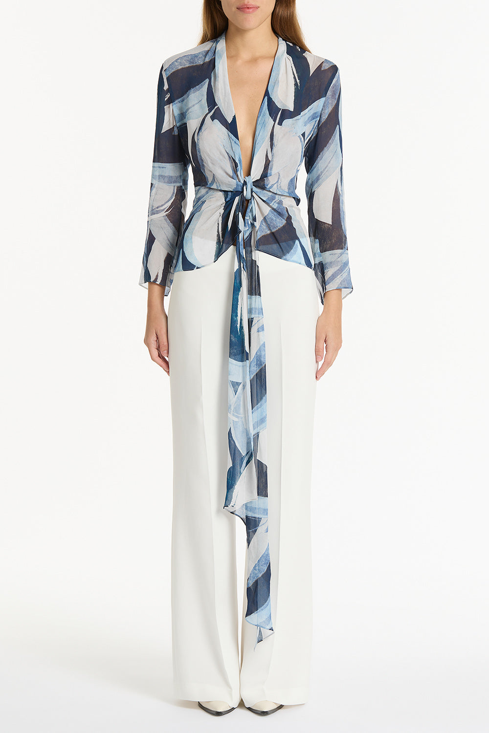 Carla Zampatti Painted Floral Georgette Wrap Top (Blue)