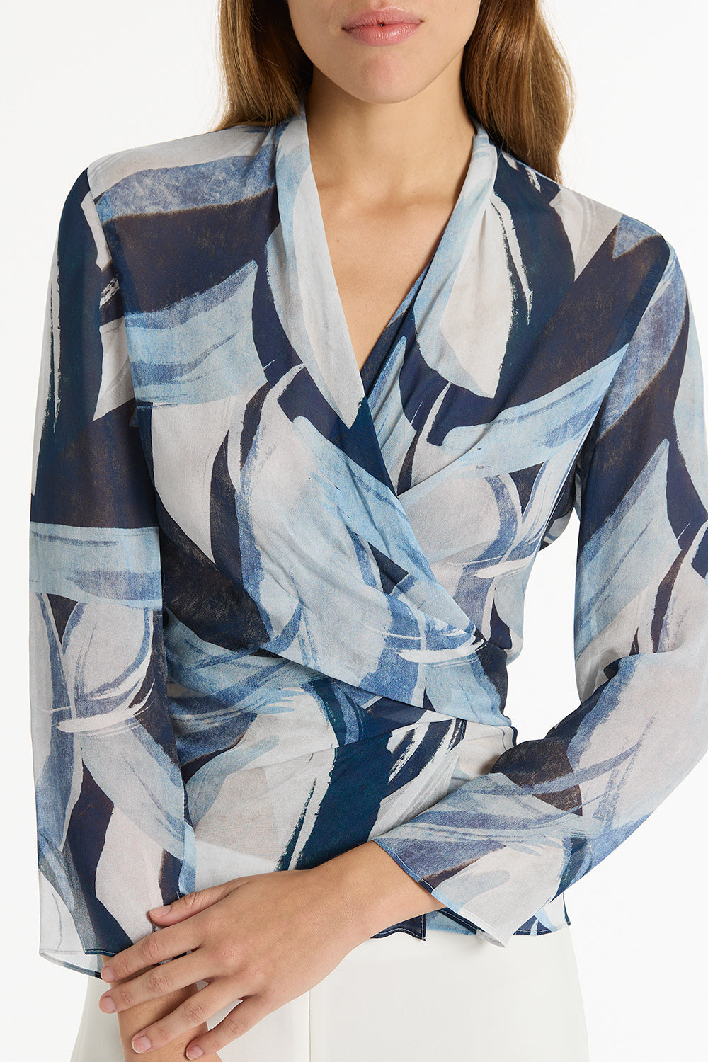 Carla Zampatti Painted Floral Georgette Wrap Top (Blue)