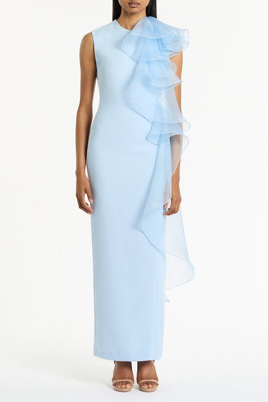 Image of Dresses. Product name - Pale Blue Crepe Ruffle Shoulder Gown in Blue colour by brand - Carla Zampatti