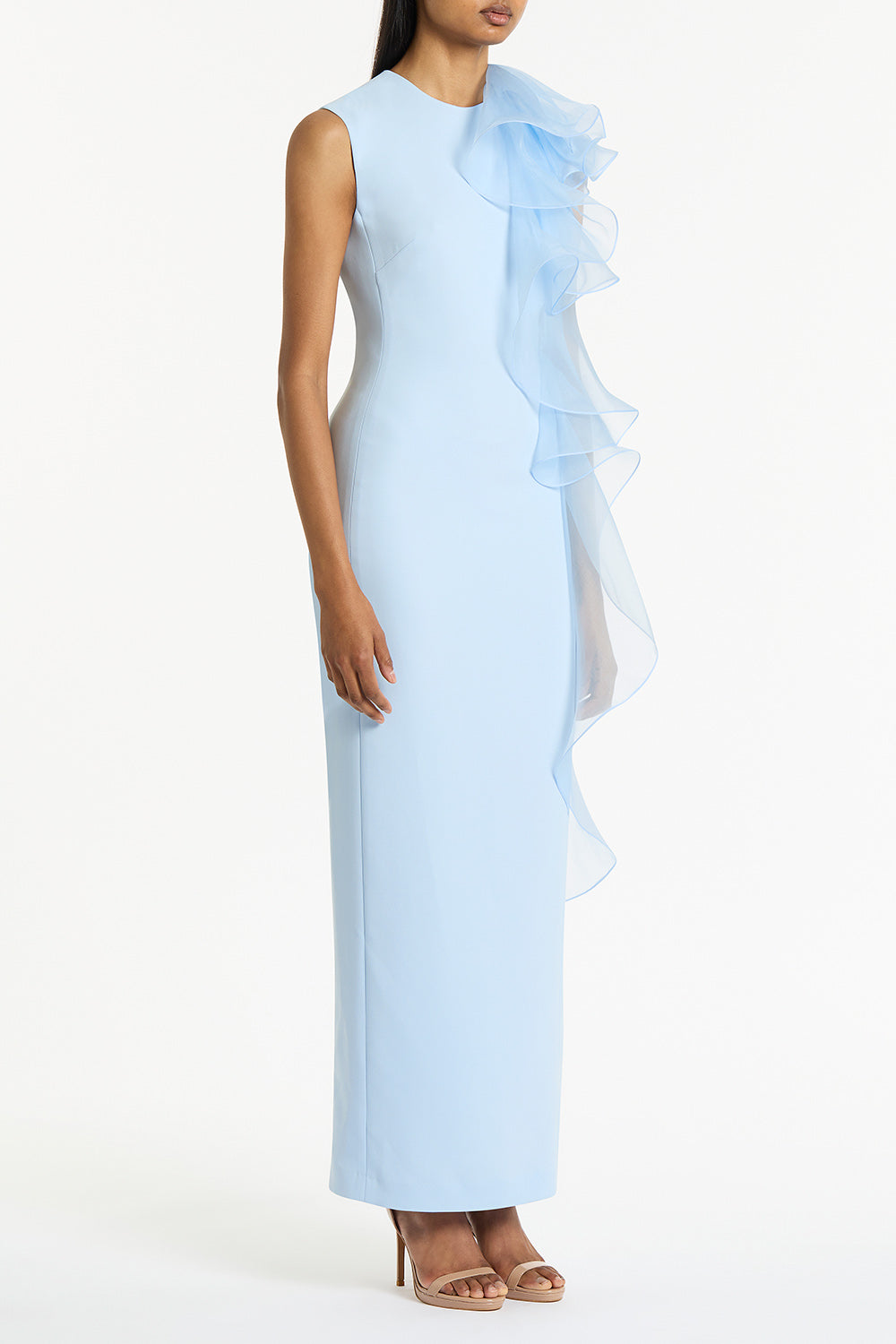 Carla Zampatti Pale Crepe Ruffle Shoulder Gown (Blue)