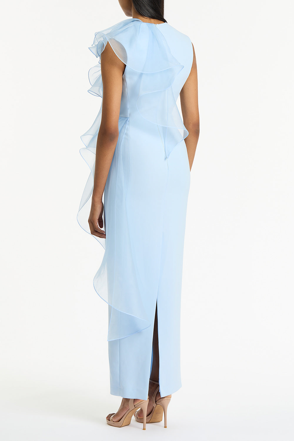Carla Zampatti Pale Crepe Ruffle Shoulder Gown (Blue)