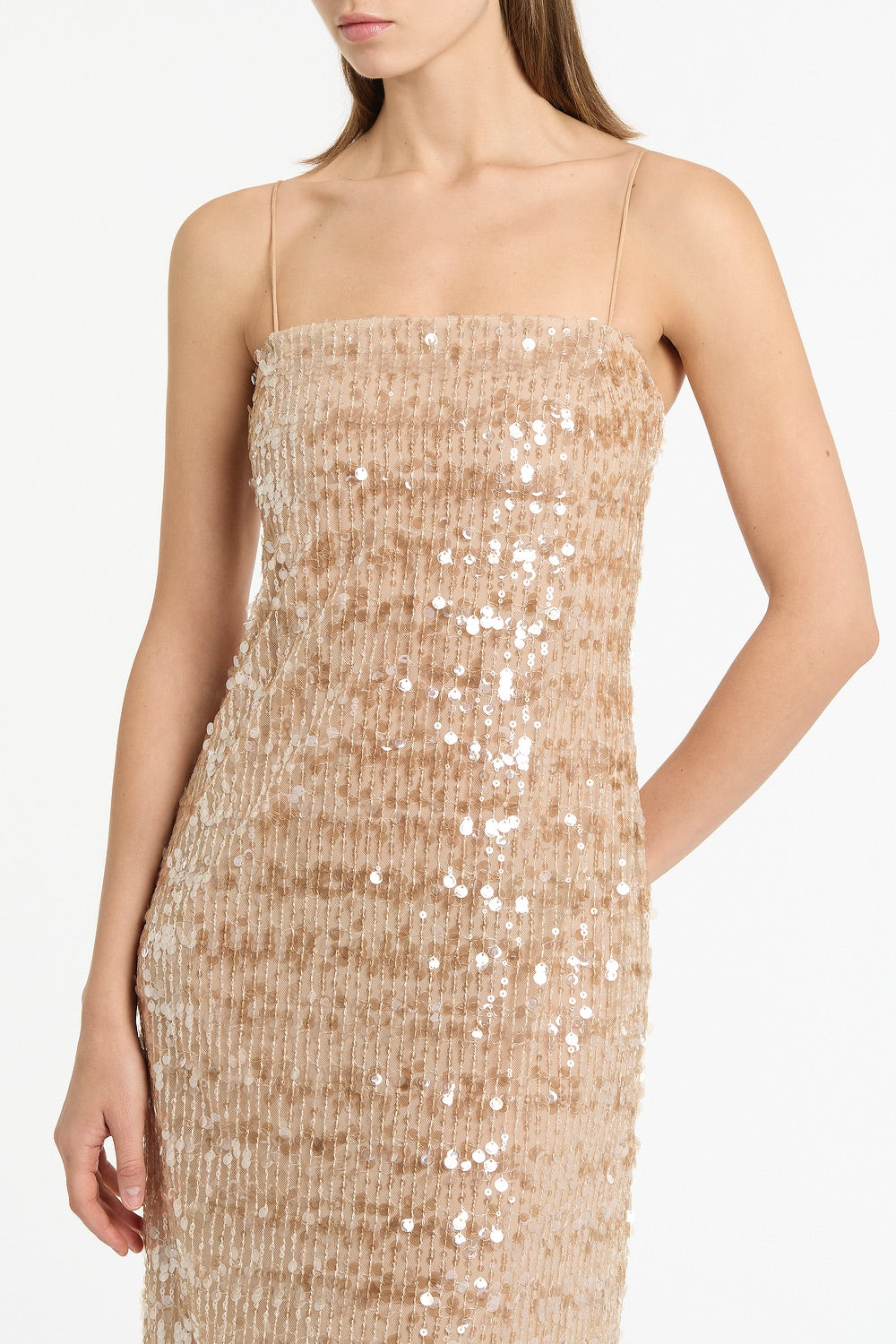 Carla Zampatti Pale Gold Linear Sequin Gown (Beige)
