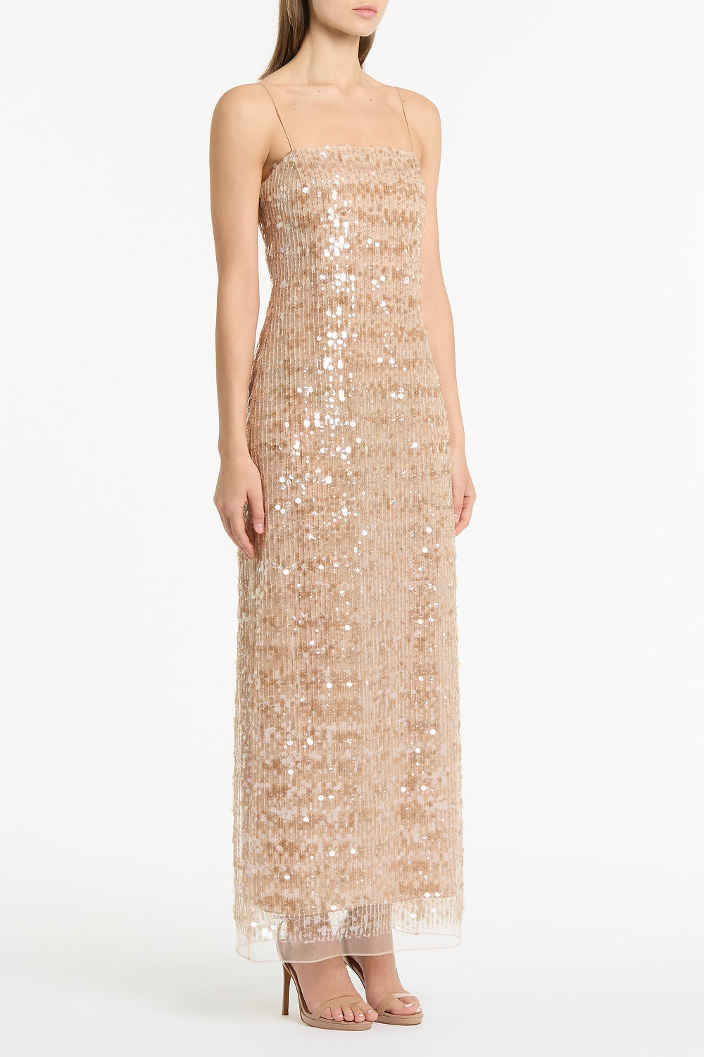 Carla Zampatti Pale Gold Linear Sequin Gown (Beige)