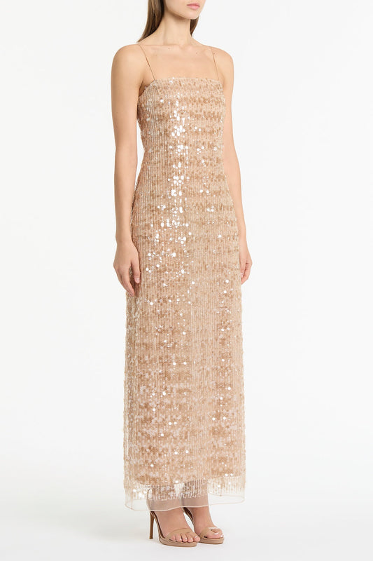 Carla Zampatti Pale Gold Linear Sequin Gown (Beige)