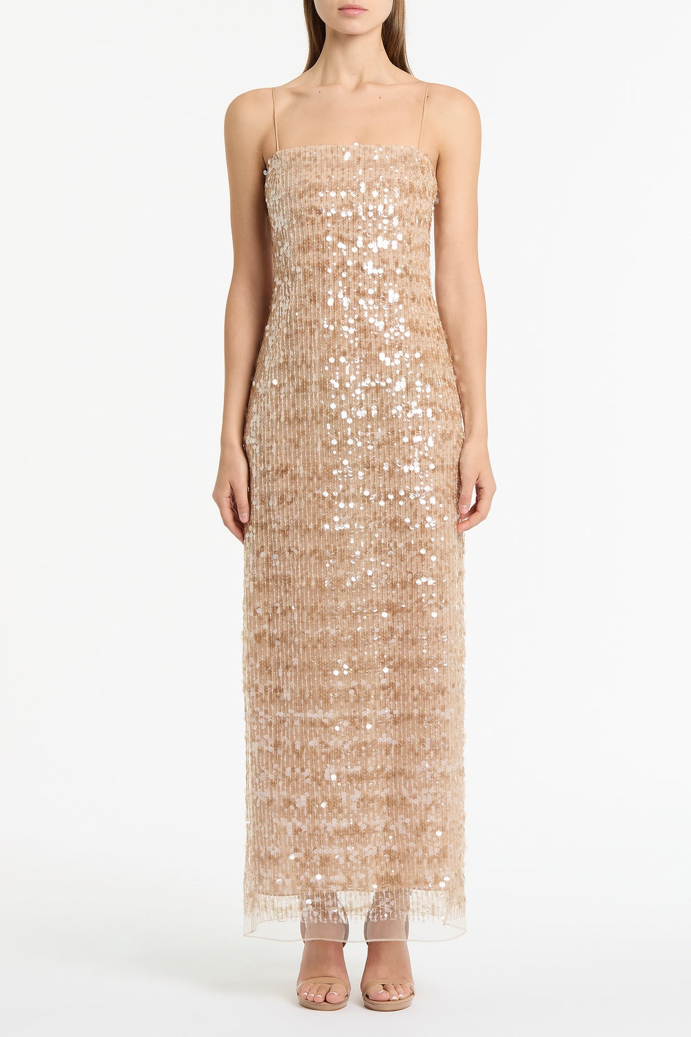 Image of Dresses. Product name - Pale Gold Linear Sequin Gown in Beige colour by brand - Carla Zampatti