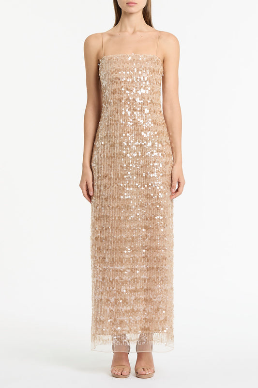 Image of Dresses. Product name - Pale Gold Linear Sequin Gown in Beige colour by brand - Carla Zampatti