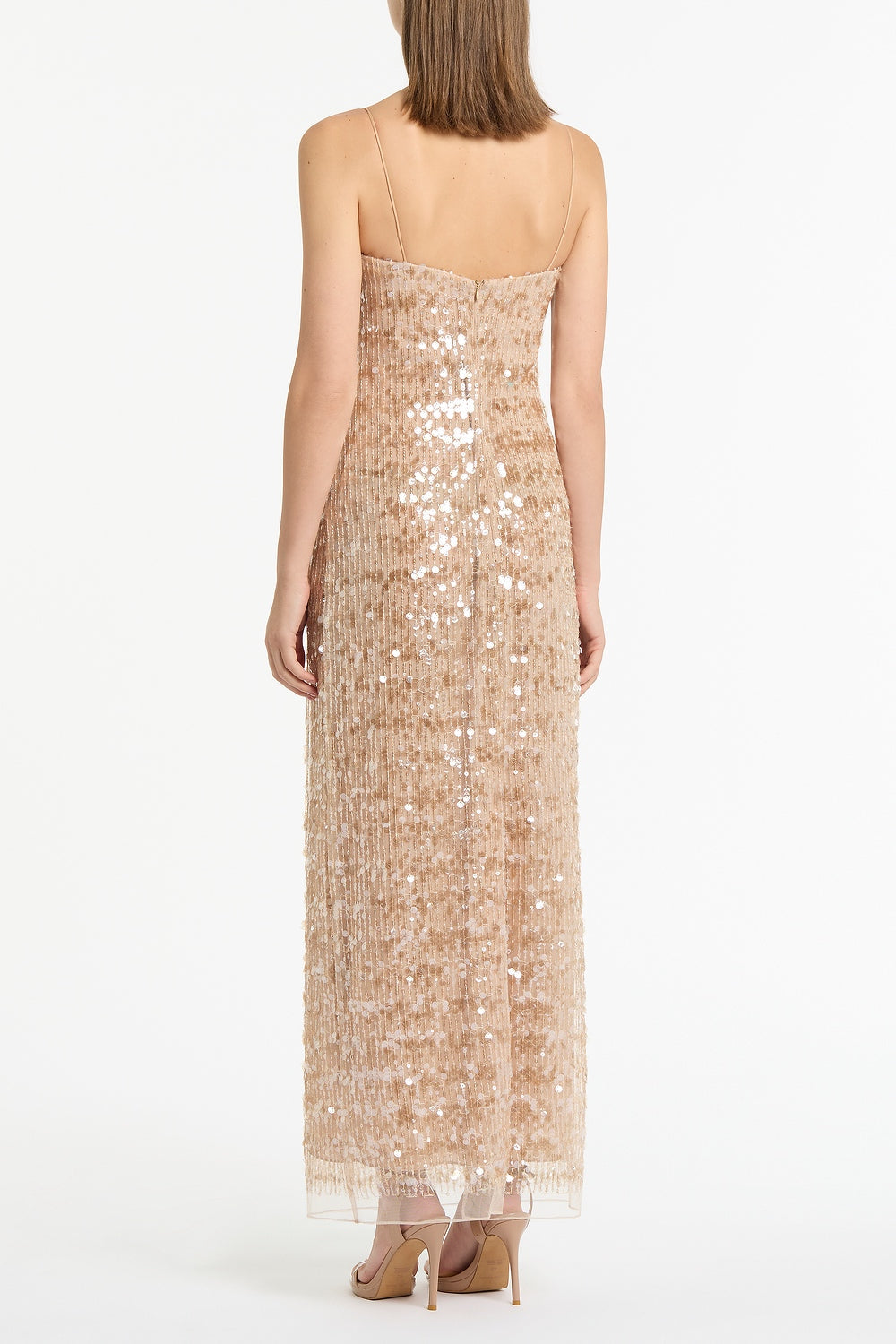 Carla Zampatti Pale Gold Linear Sequin Gown (Beige)