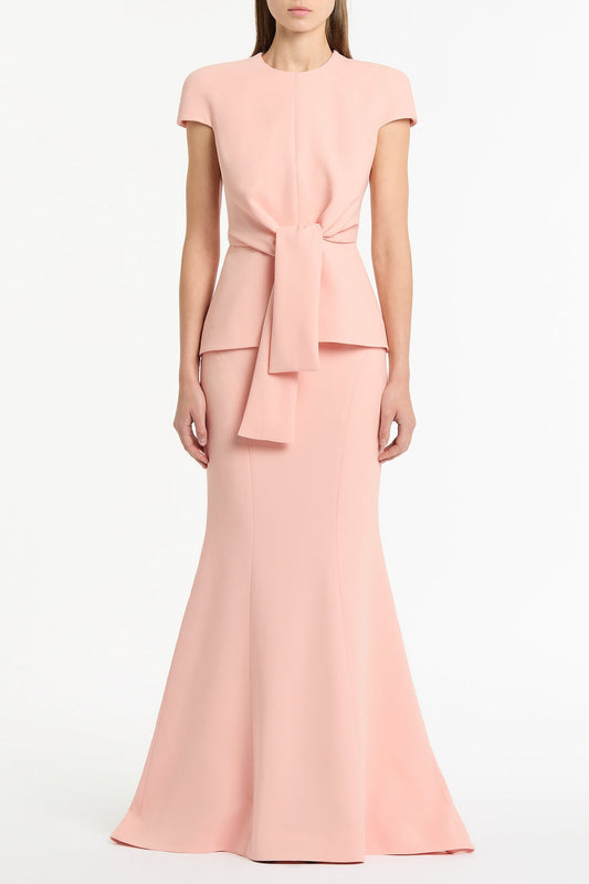 Image of a model wearing Tops. Product name - Pale Rose Crepe Cap Sleeve Tie Top in Pink colour by brand - Carla Zampatti