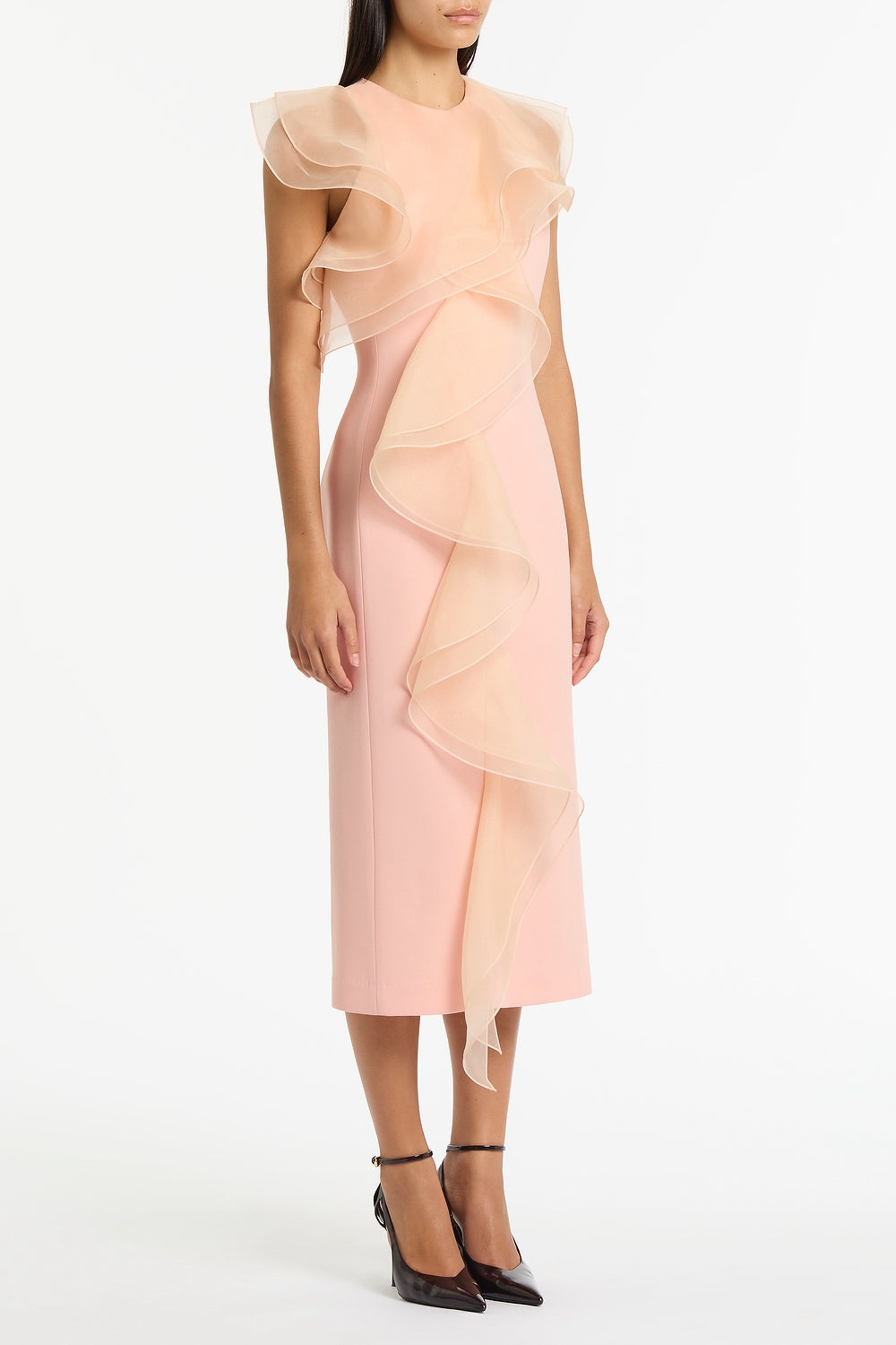 Carla Zampatti Pale Rose Crepe Ruffle Front Midi Dress (Pink)