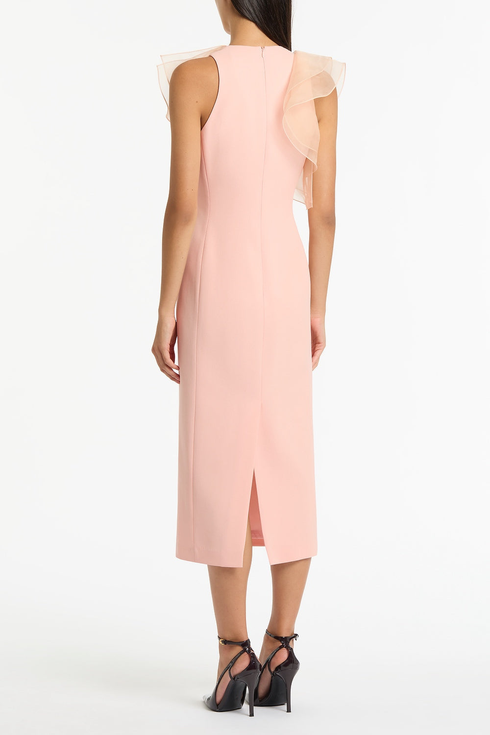 Carla Zampatti Pale Rose Crepe Ruffle Front Midi Dress (Pink)