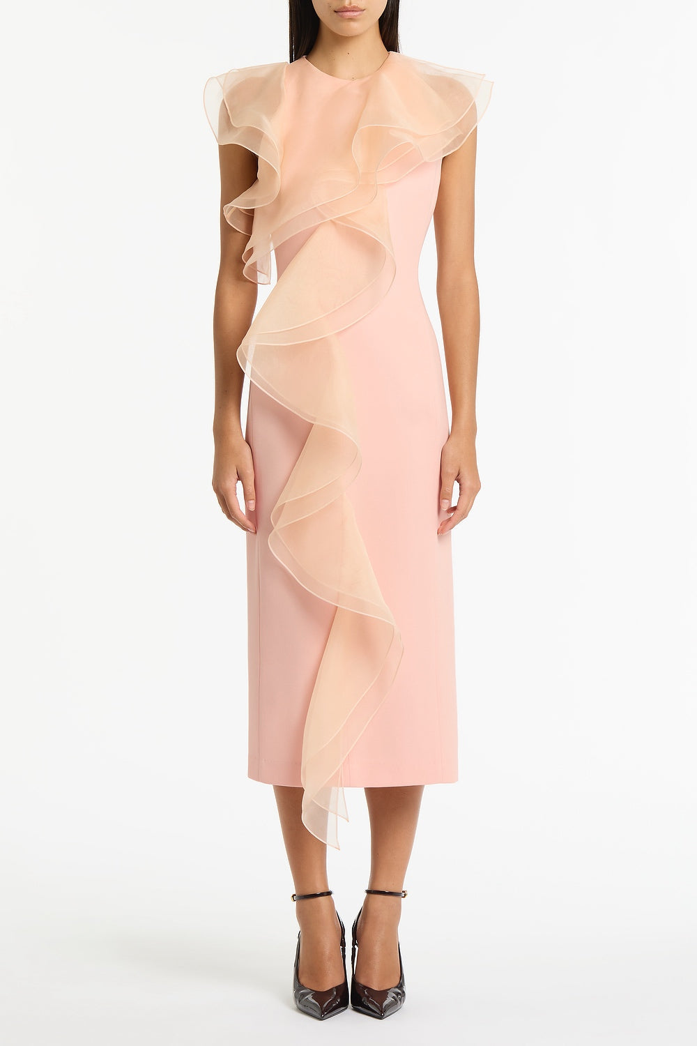 Image of Dresses. Product name - Pale Rose Crepe Ruffle Front Midi Dress in Pink colour by brand - Carla Zampatti