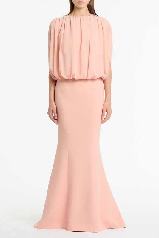 Image of a model wearing Tops. Product name - Pale Rose Georgette Gathered Capelet Top in Pink colour by brand - Carla Zampatti