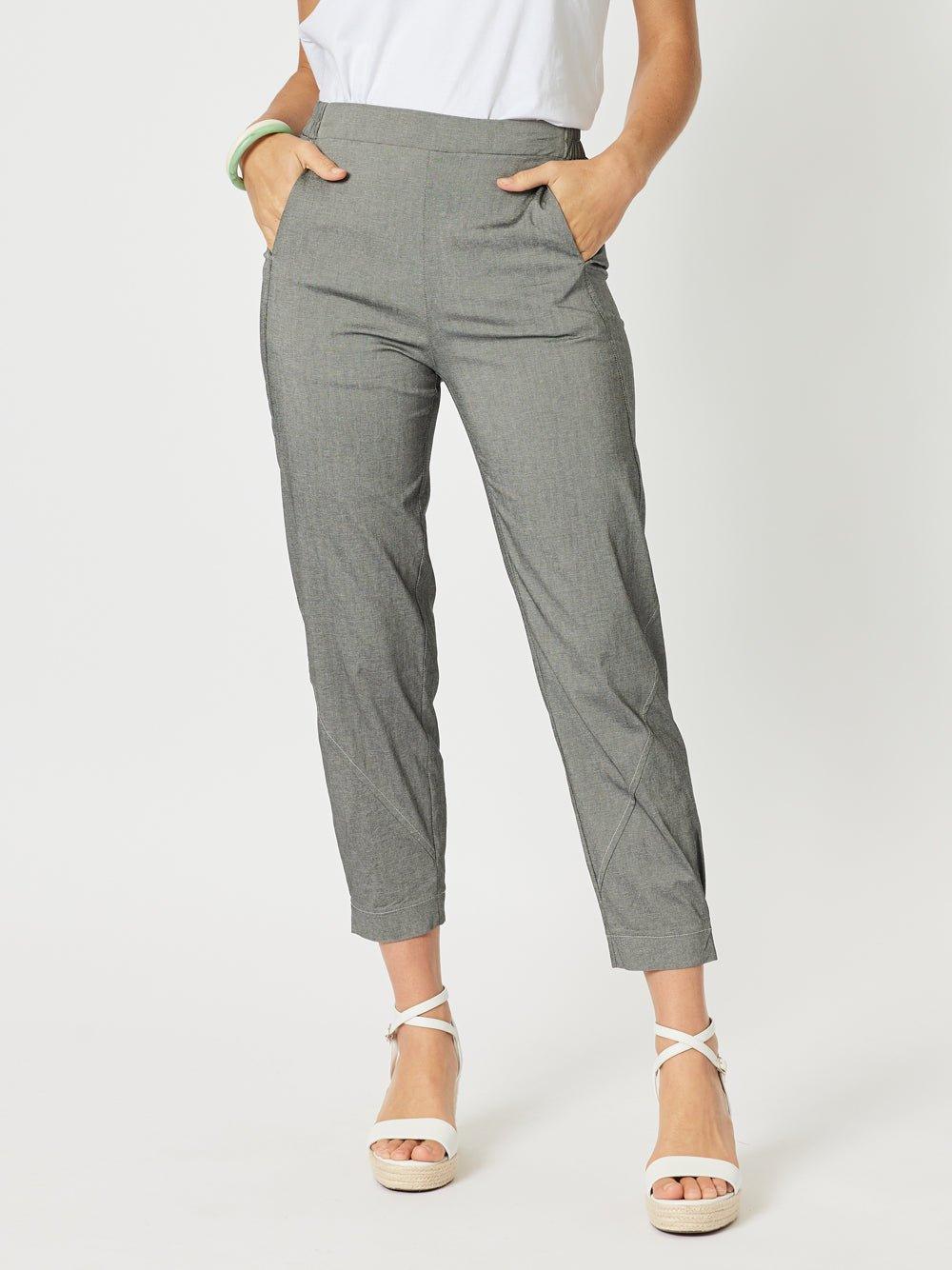 Image of a model wearing Pants. Product name - Parachute Stitch Detail Pant Grey Marle in Grey Marle colour by brand - Clarity