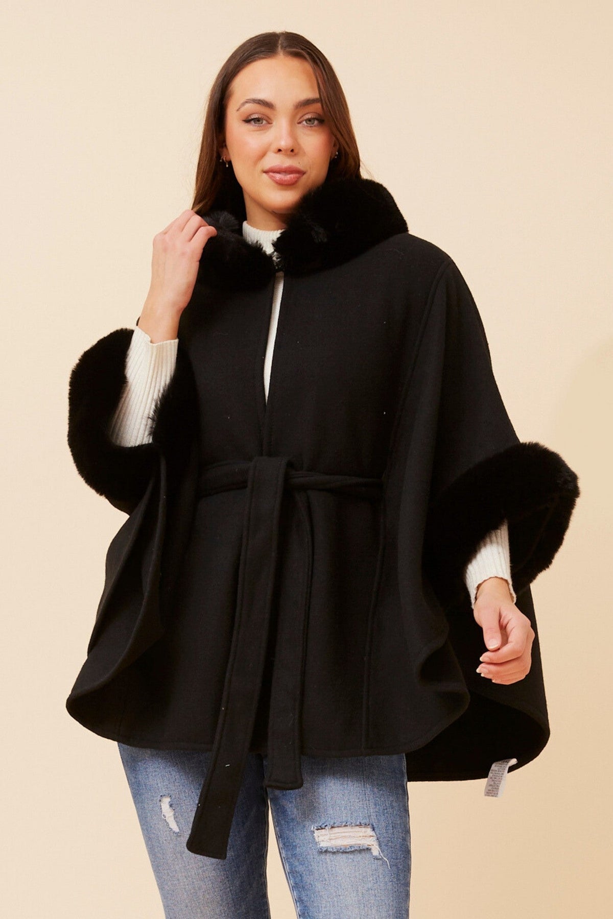 RYLAN FAUX FUR TRIM PONCHO (Black)