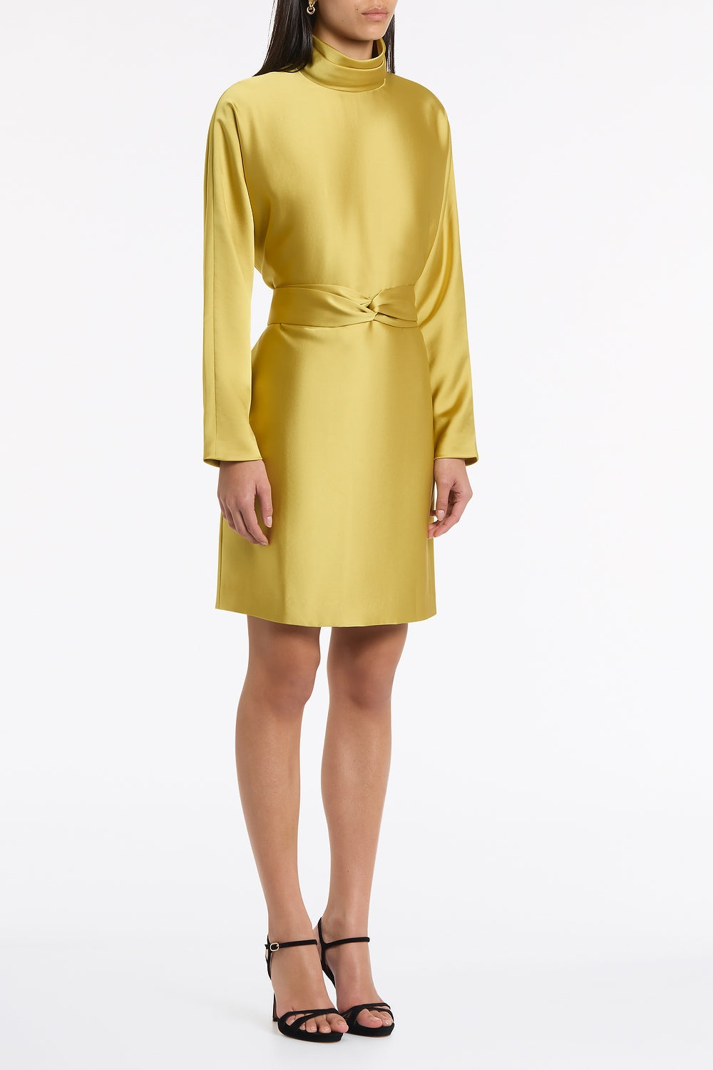 Carla Zampatti Pear Lustre Satin High Collar Belted Dress (Green)