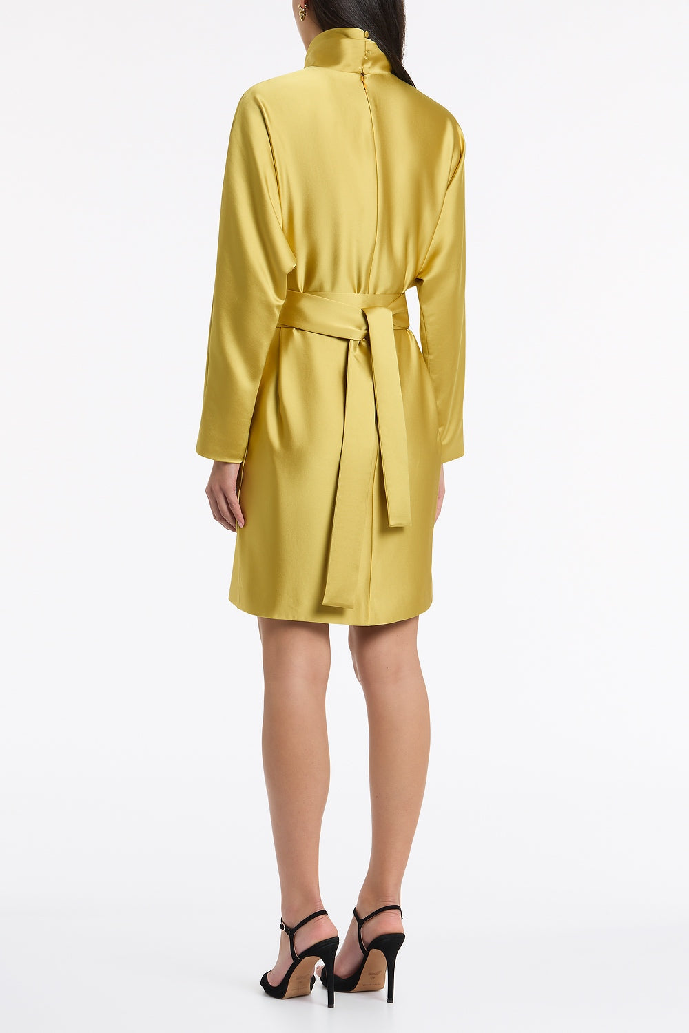 Carla Zampatti Pear Lustre Satin High Collar Belted Dress (Green)