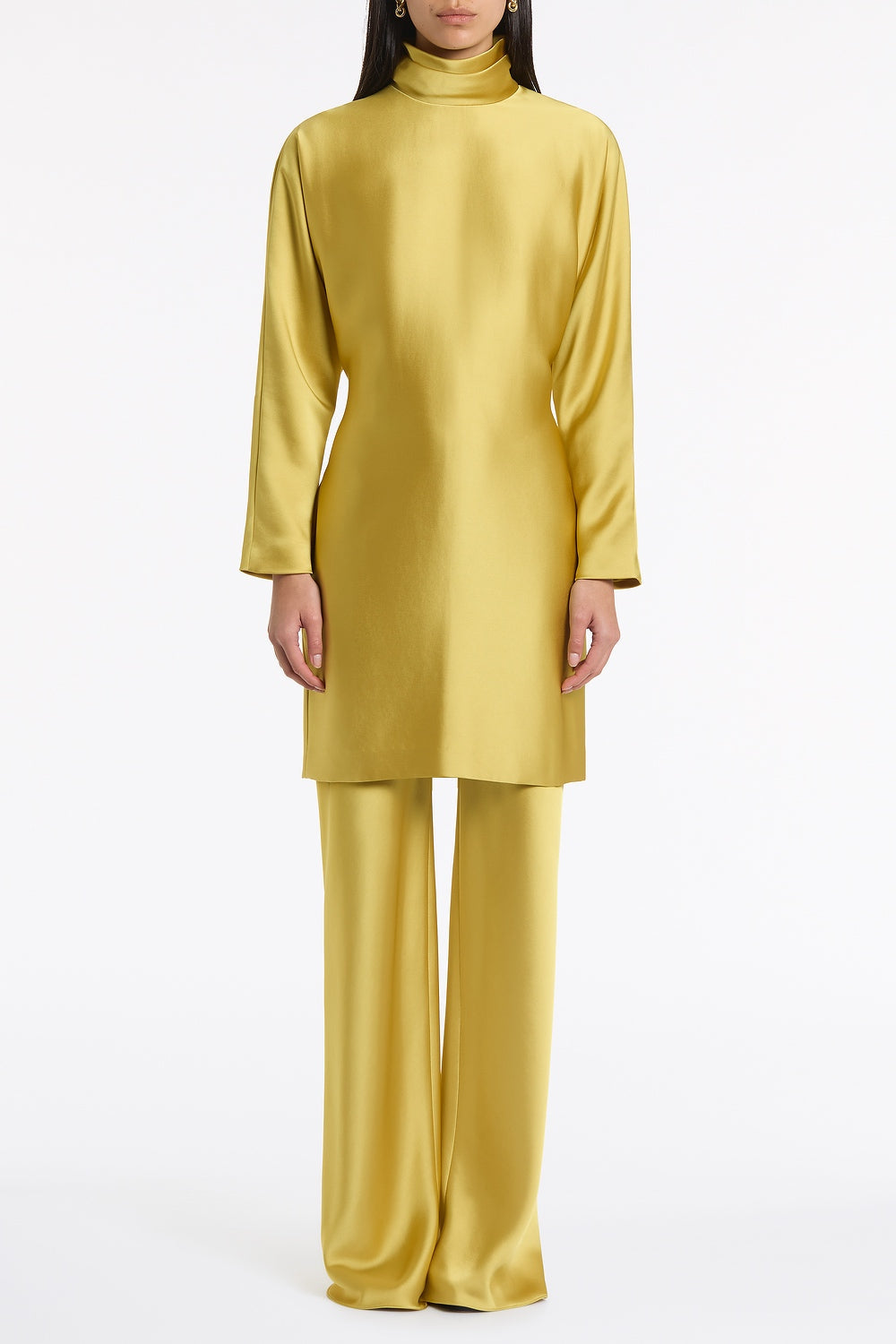 Carla Zampatti Pear Lustre Satin High Collar Belted Dress (Green)