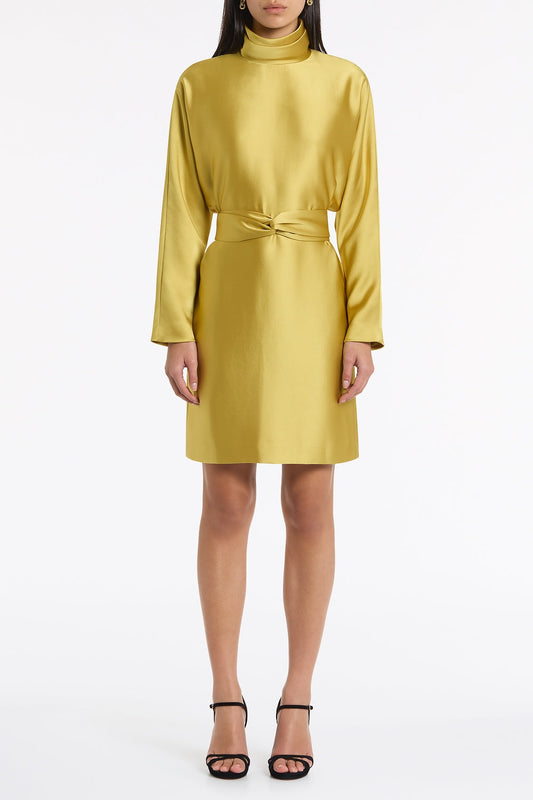 Image of Dresses. Product name - Pear Lustre Satin High Collar Belted Dress in Green colour by brand - Carla Zampatti