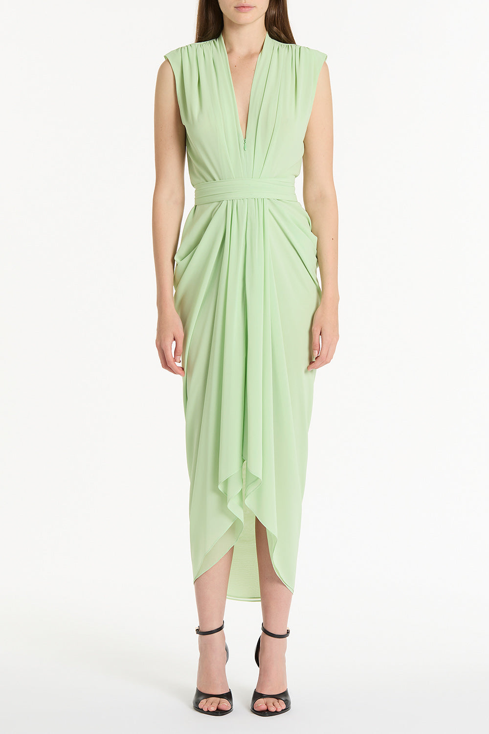 Image of Dresses. Product name - Peridot Georgette Sleeveless Waterfall Dress in Green colour by brand - Carla Zampatti