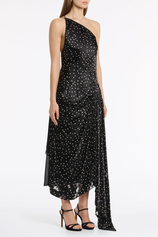 Carla Zampatti Pinspot Silk Burnout Peak Hem Draped Dress (Black)