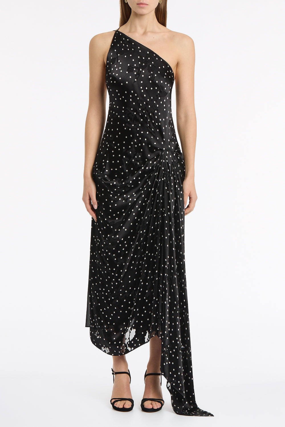 Image of Dresses. Product name - Pinspot Silk Burnout Peak Hem Draped Dress in Black colour by brand - Carla Zampatti