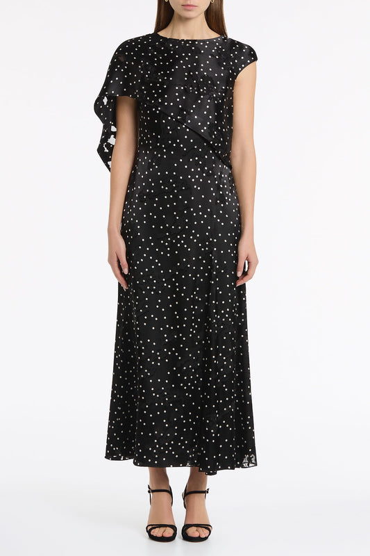 Image of Dresses. Product name - Pinspot Silk Burnout Shoulder Wrap Dress in Black colour by brand - Carla Zampatti