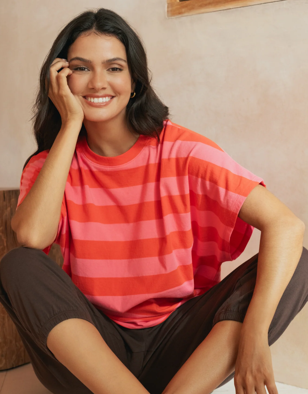 Image of T-Shirts. Product name - Poet Tee Tangelo & Pink Stripe in Tangerine colour by brand - Elm