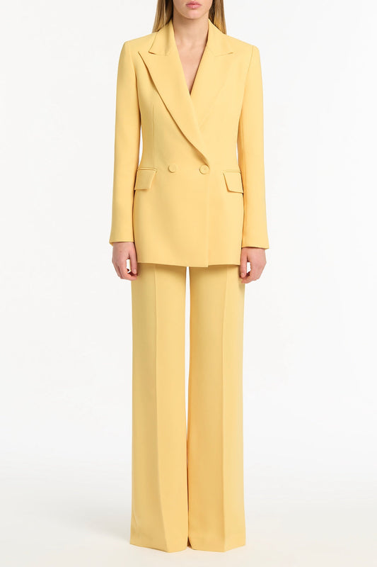 Image of Coats & Jackets. Product name - Pollen Crepe Double Breasted Relaxed Blazer in Yellow colour by brand - Carla Zampatti