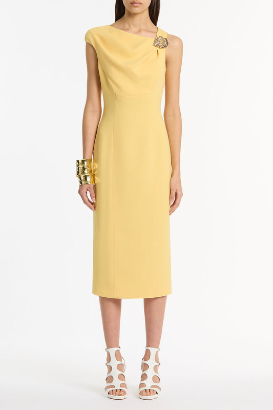 Image of Dresses. Product name - Pollen Crepe Leaf Midi Dress in Yellow colour by brand - Carla Zampatti