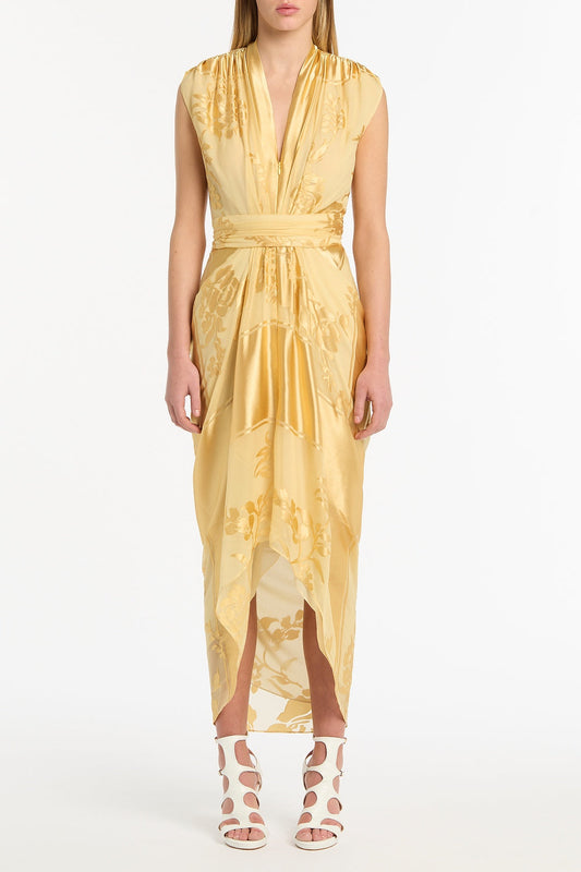 Image of Dresses. Product name - Pollen Devore Sleeveless Waterfall Dress in Yellow colour by brand - Carla Zampatti