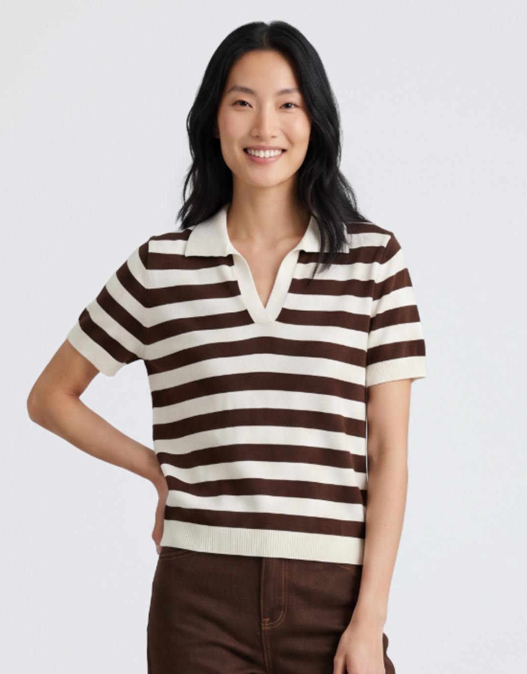 Image of a model wearing Outerwear. Product name - Knit Striped Polo Chocolate/Cream in Chocolate/Cream colour by brand - Urban Luxury