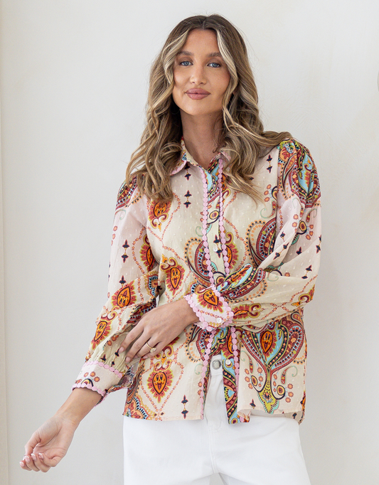 Image of a model wearing Tops. Product name - Portofino Blouse Blush/Amber Multi in Blush/Amber Multi colour by brand - 132 Fashion