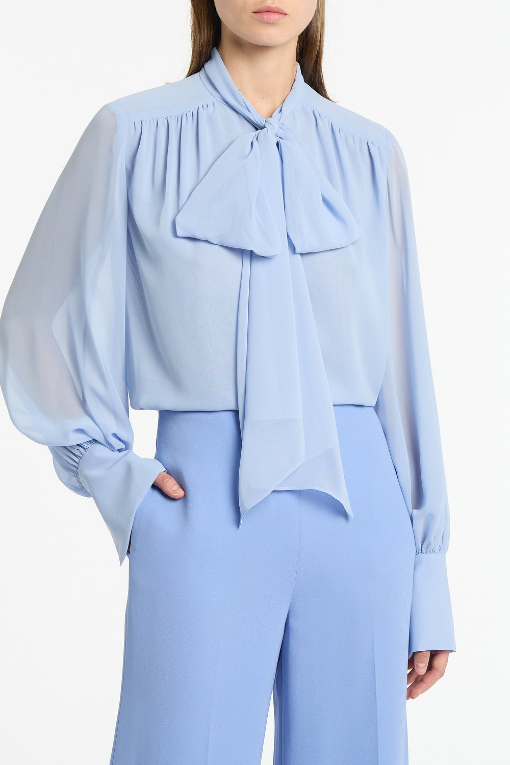Carla Zampatti Powder Georgette Bow Front Blouse (Blue)