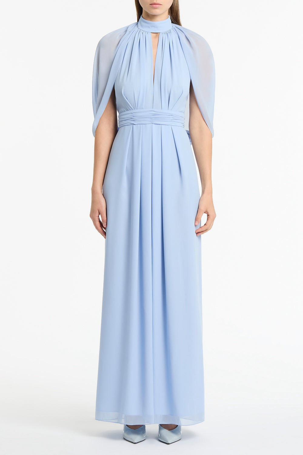 Image of Dresses. Product name - Powder Blue Georgette Halter Cape Gown in Blue colour by brand - Carla Zampatti