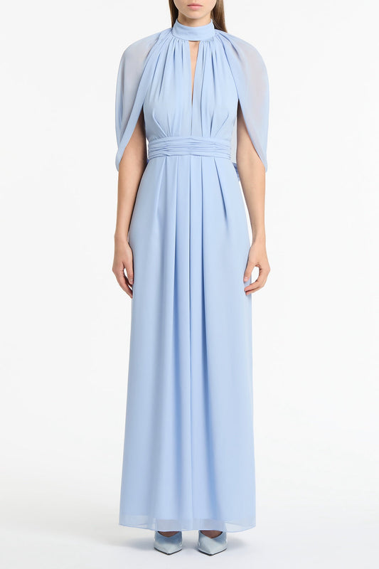 Image of Dresses. Product name - Powder Blue Georgette Halter Cape Gown in Blue colour by brand - Carla Zampatti