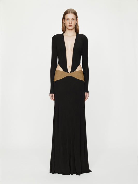 Image of Dresses. Productname: CHRISTOPHER ESBER Contour Suede Belted Long Sleeve Gown in Sand colour by brand - CHRISTOPHER ESBER