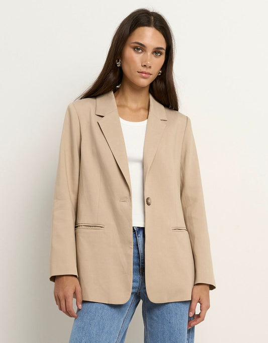 Image of a model wearing Outerwear. Productname: Atlantic Lyocell Cotton Classic Blazer - in Taupe colour by brand - Re:Union The Label