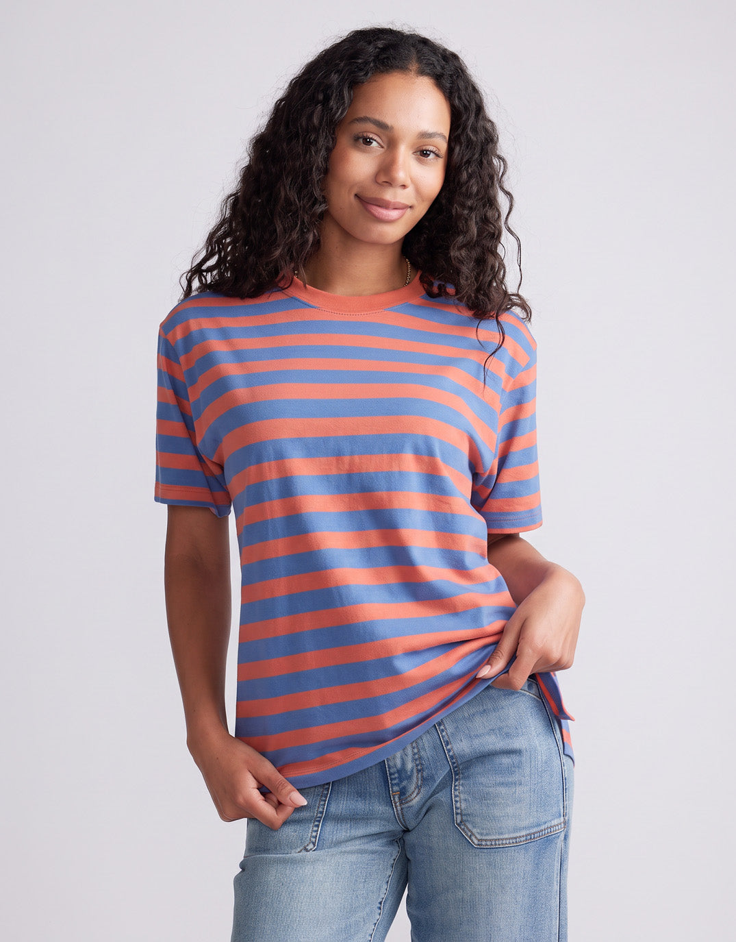 Image of T-Shirts. Product name - Relaxed Tee Melon/Denim in Melon/Denim colour by brand - White & Co.