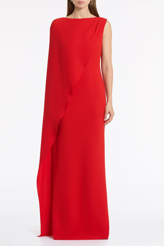 Image of Dresses. Product name - Red Crepe Asymmetrical Drape Gown in Red colour by brand - Carla Zampatti