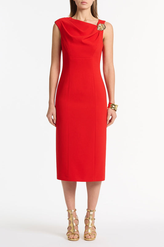 Image of Dresses. Product name - Red Crepe Leaf Midi Dress in Red colour by brand - Carla Zampatti