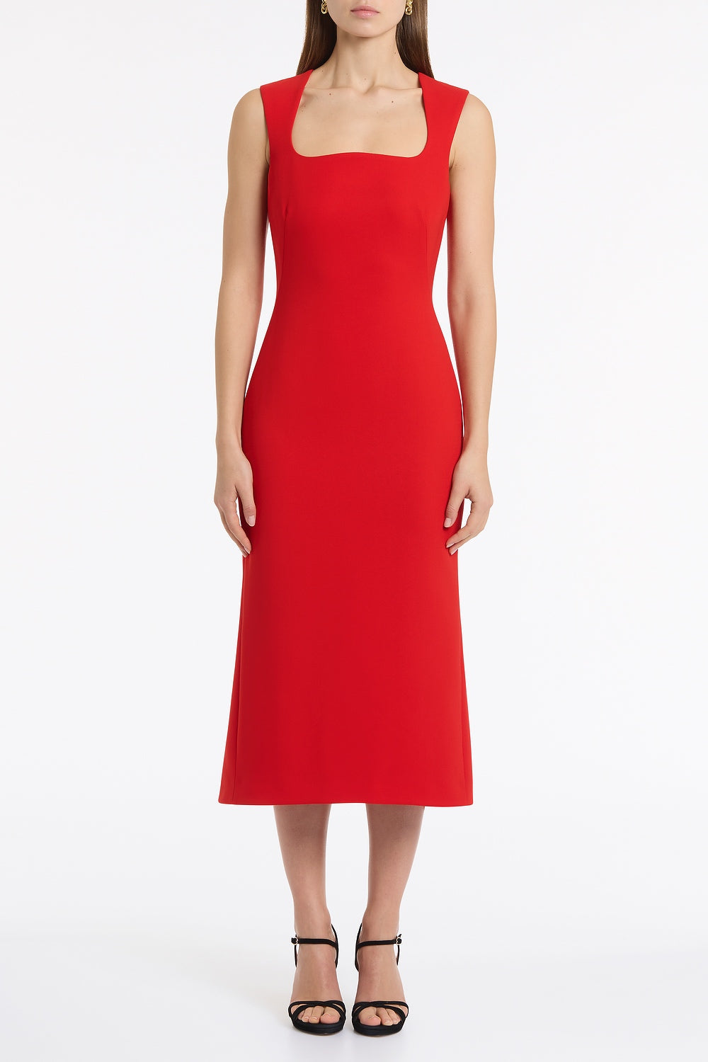 Image of Dresses. Product name - Red Crepe Curve Neck Detail Midi Dress in Red colour by brand - Carla Zampatti