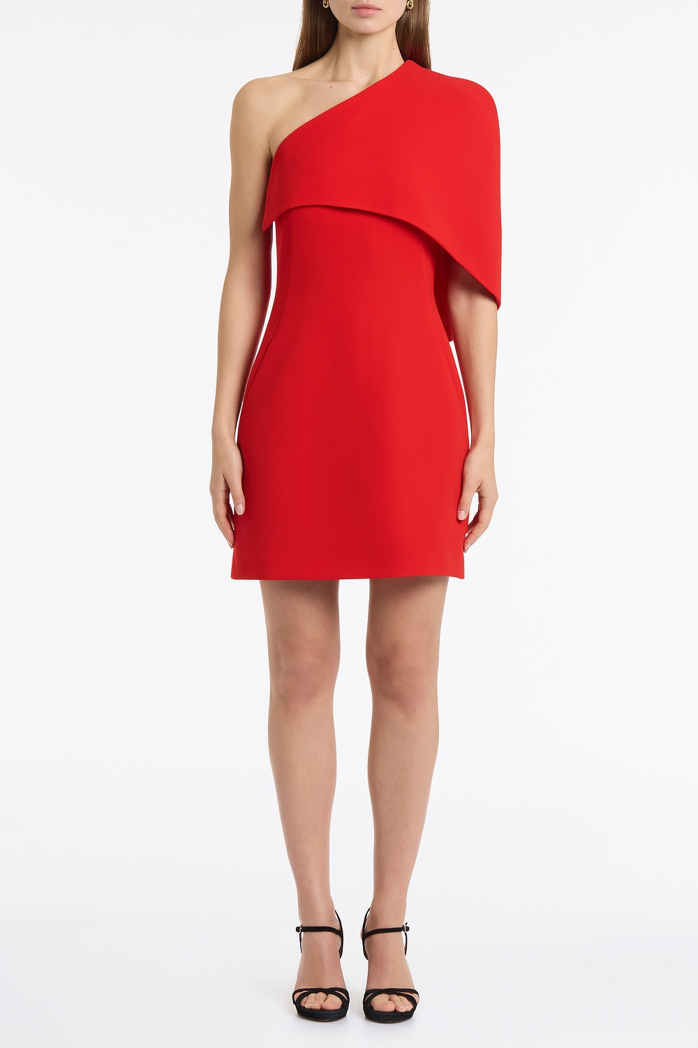 Image of Dresses. Product name - Red Crepe One Shoulder Capelet Mini Dress in Red colour by brand - Carla Zampatti