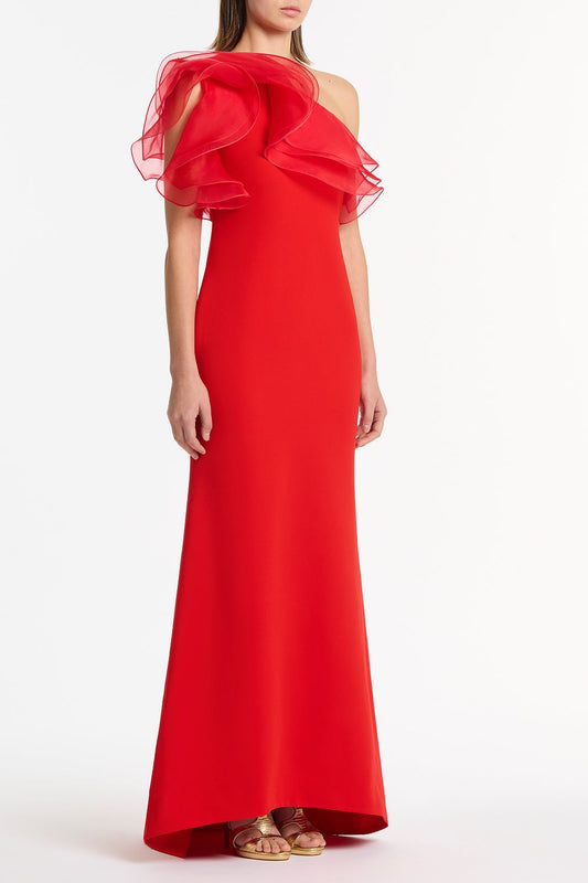 Carla Zampatti Crepe One Shoulder Organza Ruffle Gown (Red)