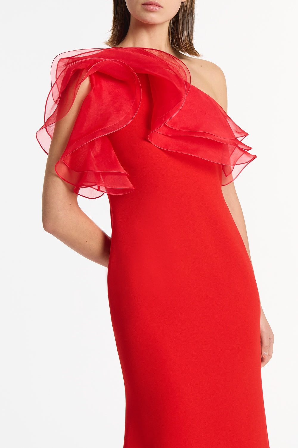 Carla Zampatti Crepe One Shoulder Organza Ruffle Gown (Red)