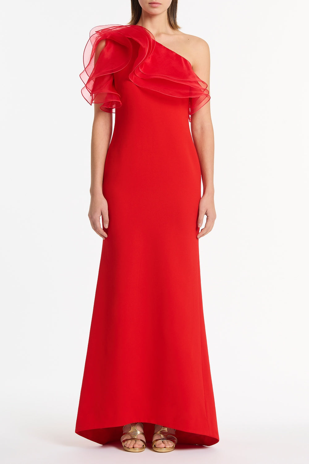 Image of Dresses. Product name - Red Crepe One Shoulder Organza Ruffle Gown in Red colour by brand - Carla Zampatti
