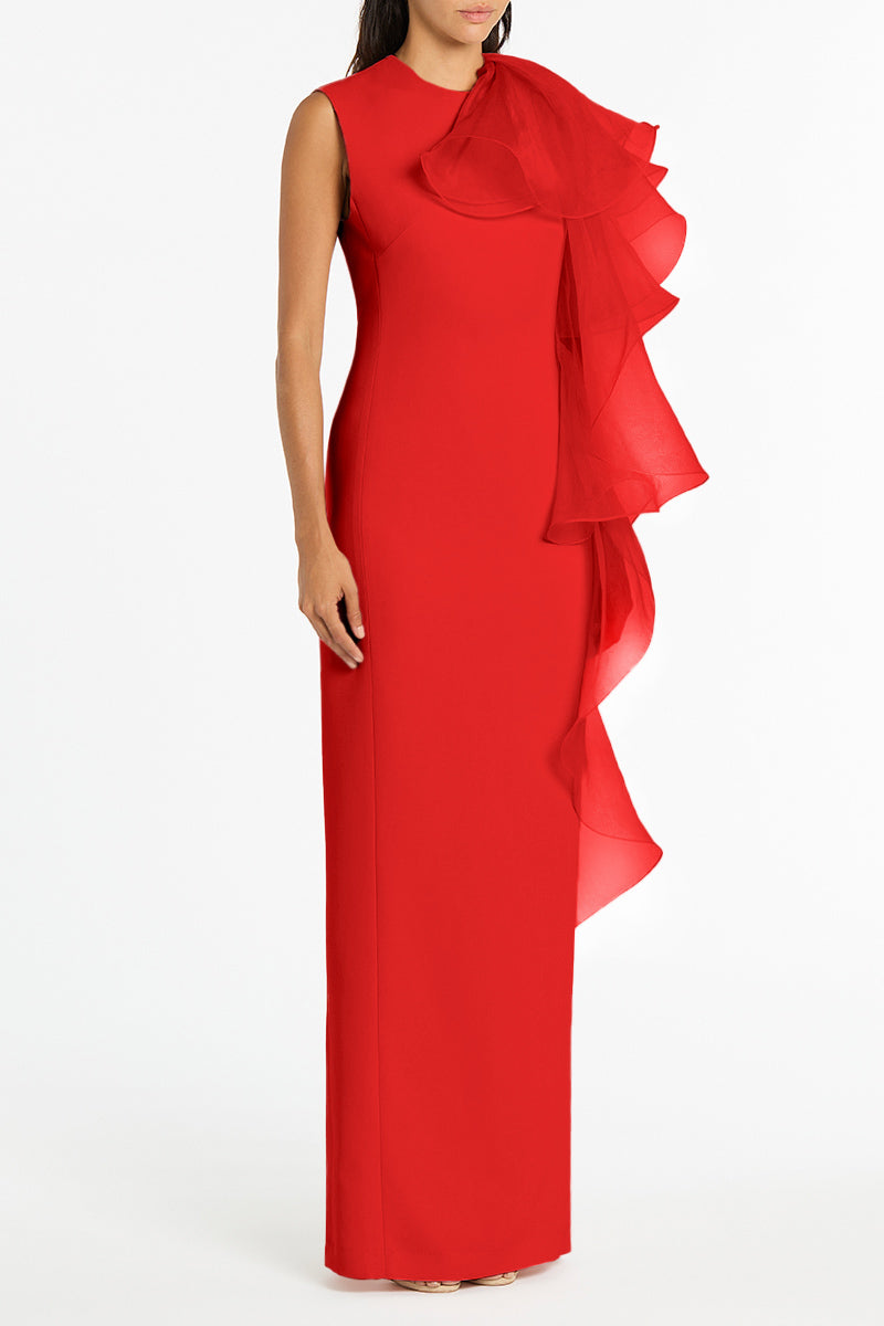 Carla Zampatti Crepe Ruffle Shoulder Gown (Red)