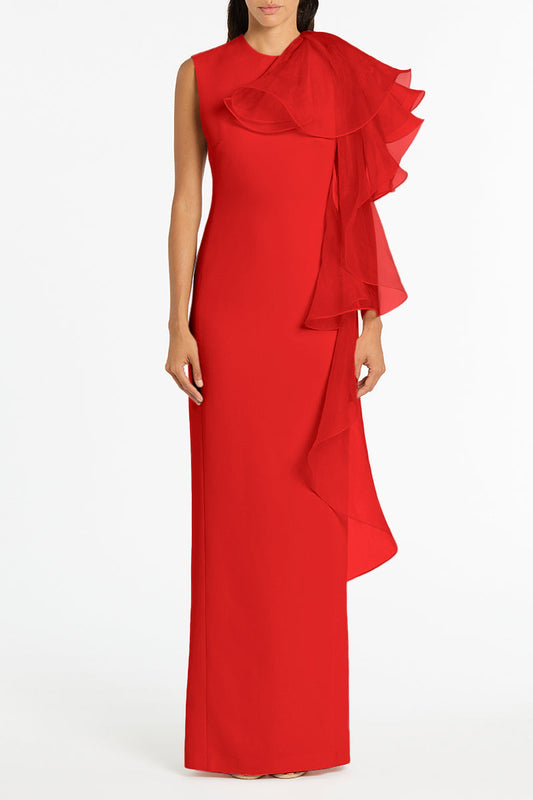 Image of Dresses. Product name - Red Crepe Ruffle Shoulder Gown in Red colour by brand - Carla Zampatti